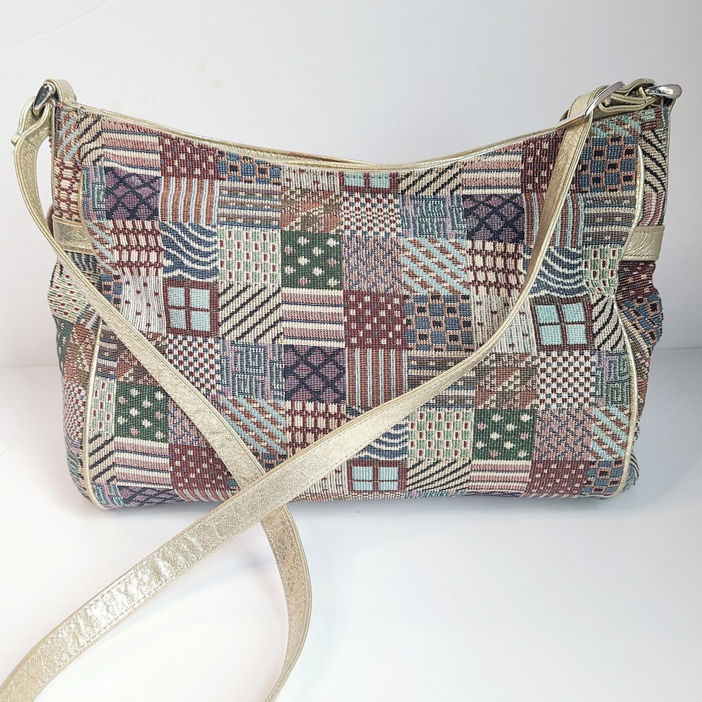 Vtg SAS Tapestry Shoulder Bag‎ Purse GOLD Leather Trim Glitter Thread Patchwork